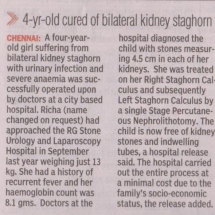 4 year old cured of bilateral kidney staghorn